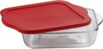 GLASS CASSEROLE TRAY 25 X 22CM W/RED LID BORCAM