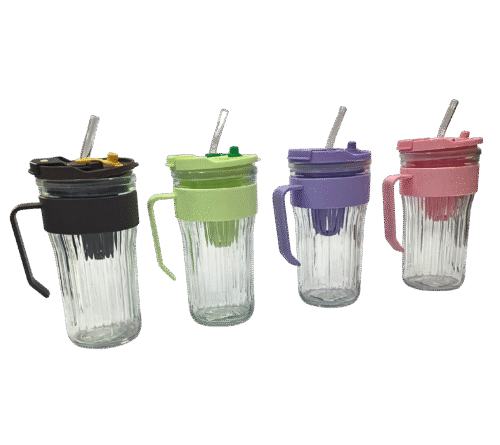 Glass Ribbed Cup w/Plastic Handle- 580ML
