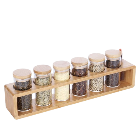 GLASS SPICE JAR W/BAMBOO LID - 6PC SET