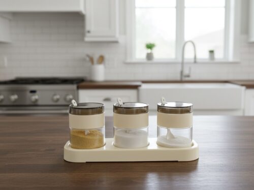 GLASS SPICE JAR CANISTER SET W/TRAY - 3PC