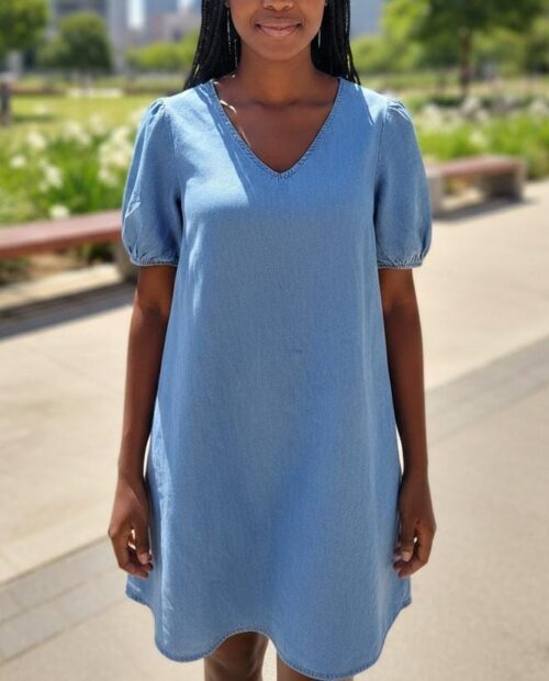 REFINERY LDS DRESS S/S DENIM V/NECK CUFFED SLV