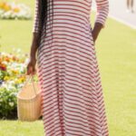 LDS RIB STRIPE 3/4 SLV FLAIR DRESS W/POCKETS