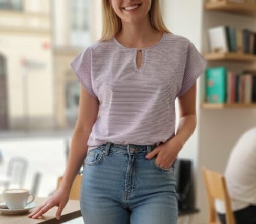 LDS S/S STRIPE BLOUSE W/KEY HOLE