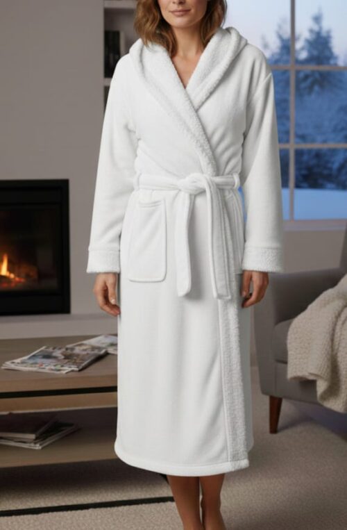 MONHOUSE LDS PLUSH L/S HOODED GOWN - WHITE