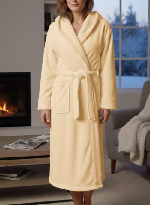MONHOUSE LDS PLUSH L/S HOODED GOWN - CREAM