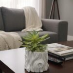 SUCCULENT ARTIFICIAL GREEN FLOWER W/LOG POT - WHITE
