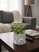 SUCCULENT ARTIFICIAL GREEN FLOWER W/LOG POT - WHITE