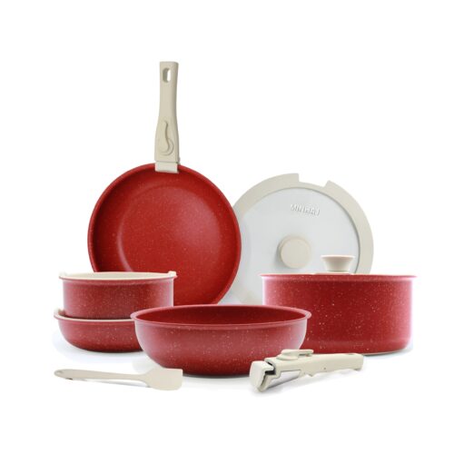 12 PC NON-STICK COOKWARE SET w/DETACHABLE HANDLES -RED - Image 1