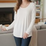 LDS L/S PLAIN INNER TOP W/ LACE RIBBON NECK - WHITE