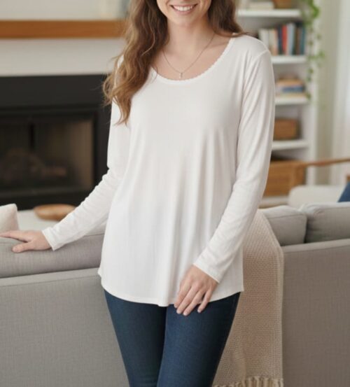 LDS L/S PLAIN INNER TOP W/ LACE RIBBON NECK - WHITE