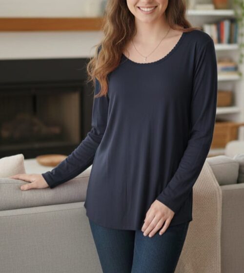 LDS L/S PLAIN INNER TOP W/ LACE RIBBON NECK - NAVY - Image 1