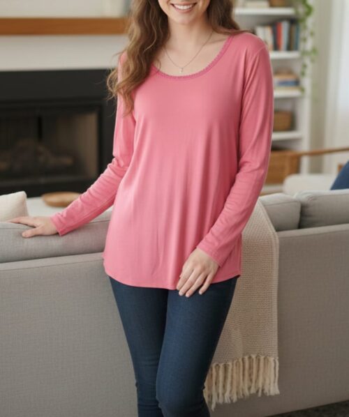 LDS L/S PLAIN INNER TOP W/ LACE RIBBON NECK -PINK