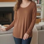 LDS L/S PLAIN INNER TOP W/ LACE RIBBON NECK - BROWN