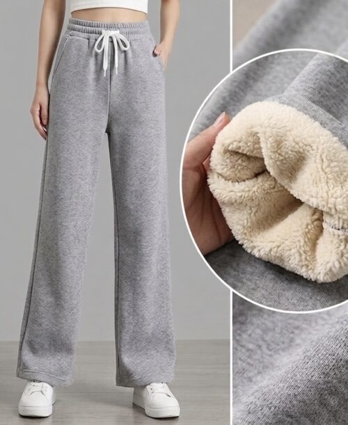 Sherpa-Lined Wide-Leg Joggers- Grey