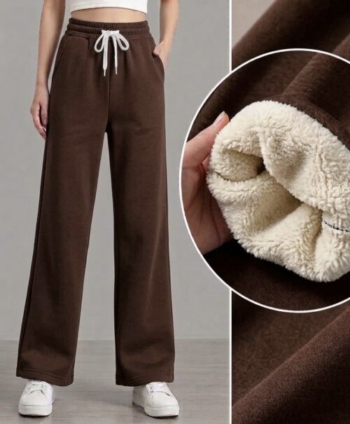 Sherpa-Lined Wide-Leg Joggers- Brown