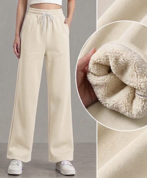 IMG_6785 Sherpa-Lined Wide-Leg Joggers- Beige - Image 1