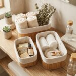 3PC BAMBOO STORAGE BASKETS W/LINEN BAG