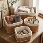 4PC BAMBOO STORAGE BASKETS W/LINEN BAGS
