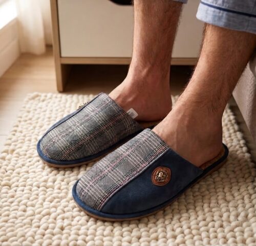 BADEN HOME MENS SUEDE & CHECK DESIGN SLIPPERS