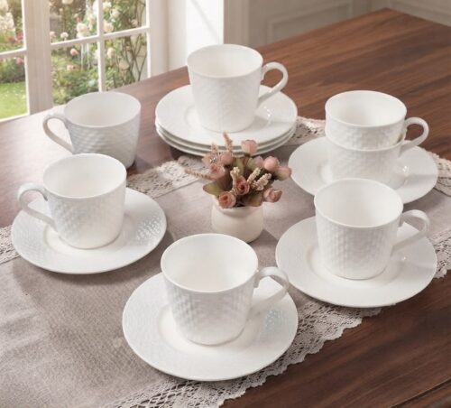 CERAMIC EMBOSSED CUP & SAUCER SET - 12PC