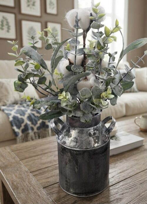 ARTIFICIAL COTTON PLANT W/WOVEN BOW & S/STEEL VASE