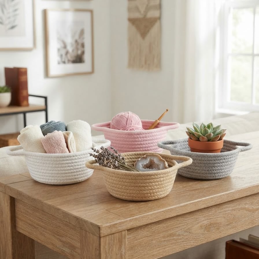 WhatsApp Image 2026-09-19 at 13.42.01 COTTON WOVEN BASKET – COILED ROPE DESIGN WITH HANDLES – 18CMx10CM - Image 1