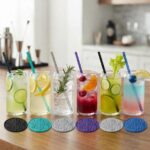 COCKTAIL GLASS 6PC SET WITH COLOUR STRAWS & COASTERS