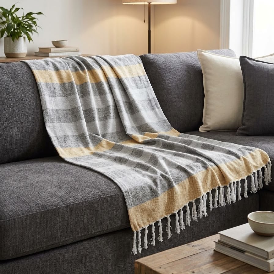 WhatsApp Image 2026-10-14 at 10.08.45 CHENILLE THROW – YELLOW & GREY MULTI-STRIPE PRINT – 140 X 180CM - Image 1