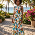 OLICO LADIES' SLEEVELESS HALTER-NECK TIERED DRESS – MULTICOLOUR