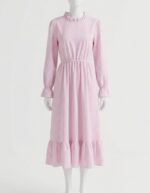 OLICO LADIES' LONG-SLEEVE STRIPED TIERED FLARE DRESS – PINK & WHITE - Image 2