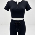 LADIES' 2-PIECE GYM SET – RIBBED HALF-ZIP TOP & SHORT TIGHTS