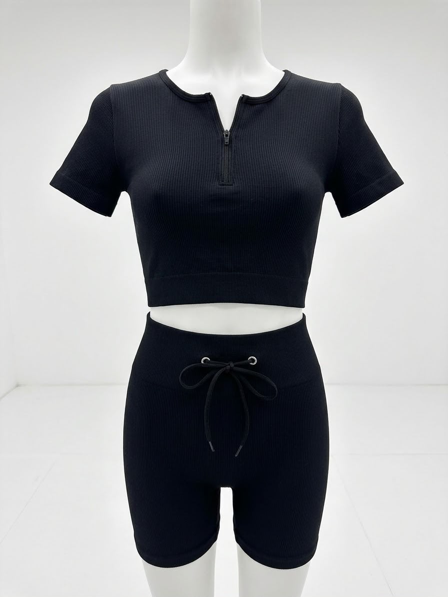 WhatsApp Image 2026-10-23 at 16.41.20 LADIES' 2-PIECE GYM SET – RIBBED HALF-ZIP TOP & SHORT TIGHTS - Image 1